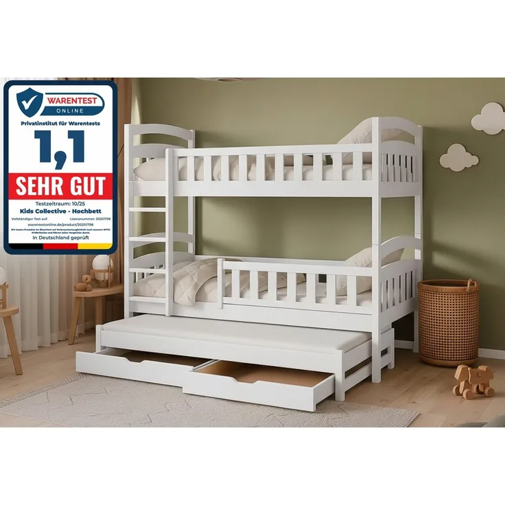 Kids Collective Etagenbett Hochbett Stockbett Kinderbett 90x200 cm mit Ausziehbett und Schubladen (Modell 2025), Umbaubar zu 3 Einzelbetten mit Lattenrosten & Rausfallschutz, weiß