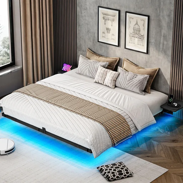 YITAHOME Bettgestell LED-Beleuchtung USB-Ladestation Schnittstelle Type-C schwebendes Design Metallrahmen Stoffbezug in ohne Matratze 140X200CM