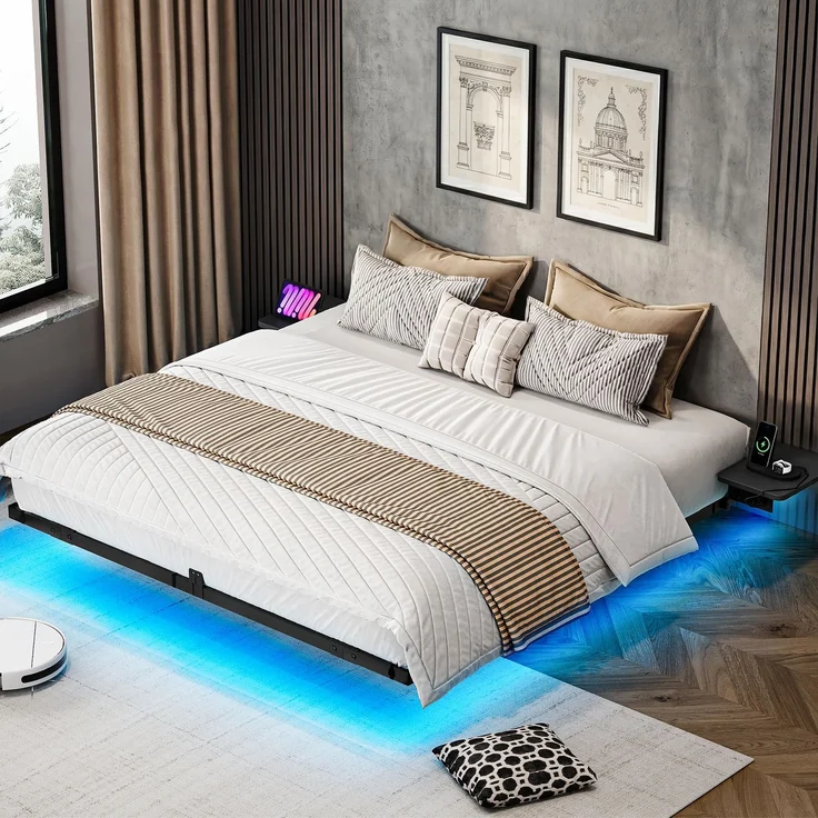 YITAHOME Bettgestell LED-Beleuchtung USB-Ladestation Schnittstelle Type-C schwebendes Design Metallrahmen Stoffbezug in ohne Matratze 140X200CM