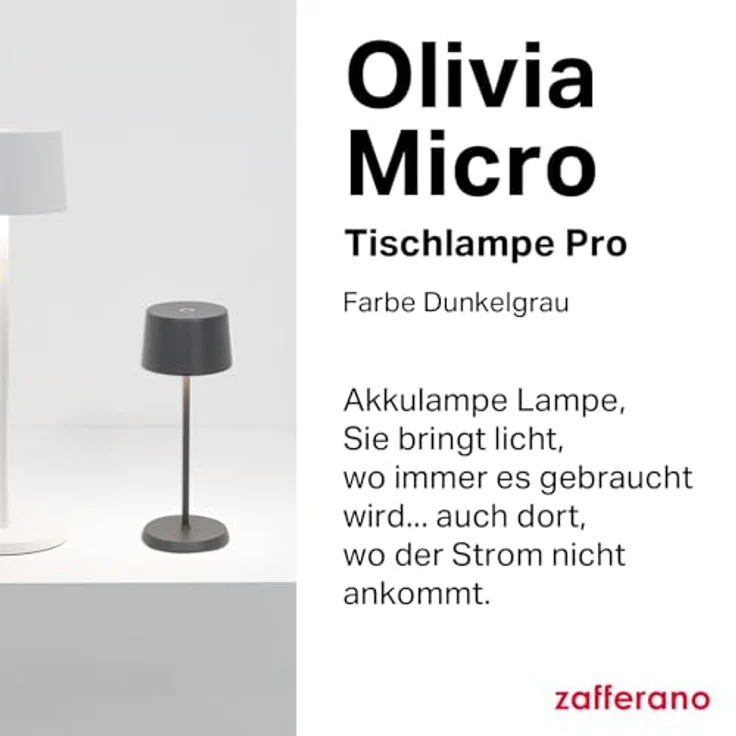 Zafferano, Olivia Micro Lampe, Kabellose, Wiederaufladbare Tischlampe mit Touch Control, Auch für den Außenbereich Geeignet, Dimmer, 2200-3000 K, Höhe 20 cm, Farbe Dunkelgrau – Bild 3