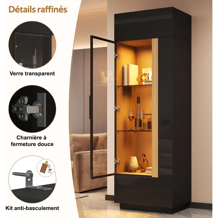 ZUBALIYA Vitrine (60 x 40 x 180 cm), LED - Beleuchtung, Glastüren, Aufbewahrung für Sammlerstücke, Geschirr und Dekoration, Schwarz – Bild 13