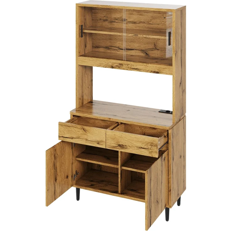 Merax Buffetschränke, Esszimmer-Hochschrank 100*40*185 cm, mehrstufigem Stauraum, integrierter Steckdose sowie USB-C- und USB-A-Anschlüssen,Mit farbigem Lichtstreifen, Eichenfarbe – Bild 9