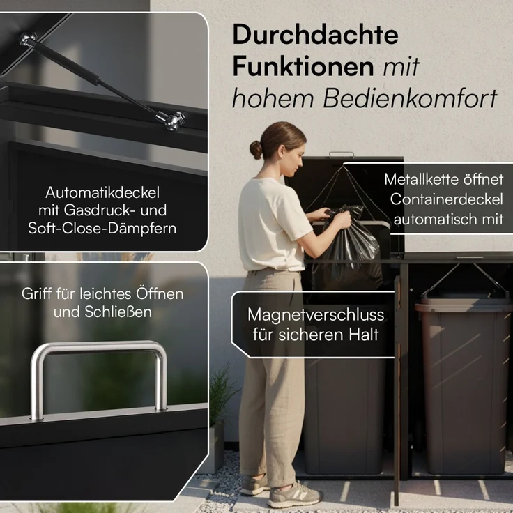 STEELSØN 'Kestra' Mülltonnenbox 5er je 240 Liter, graphitschwarz mit Nußbaum-Holzoptik, Mülltonnenverkleidung aus Stahl, wetterfest, 116x80x337 cm, Müllbox für 5 Tonnen – Bild 3