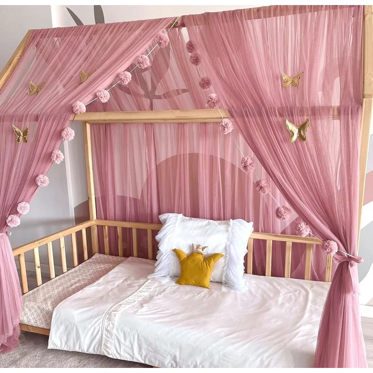 Baby Fancyroom Betthimmel Betthimmel Tüll Hausbett Kinderbett 2 Stück 340cm 380cm Montessori (3-tlg. Set mit 2x Betthimmel und einer 20er Pomponkette, Baldachin, Kinder Betthimmel Baldachin Himmel Deko Set), Betthimmel für Hausbett Montessori – Bild 3