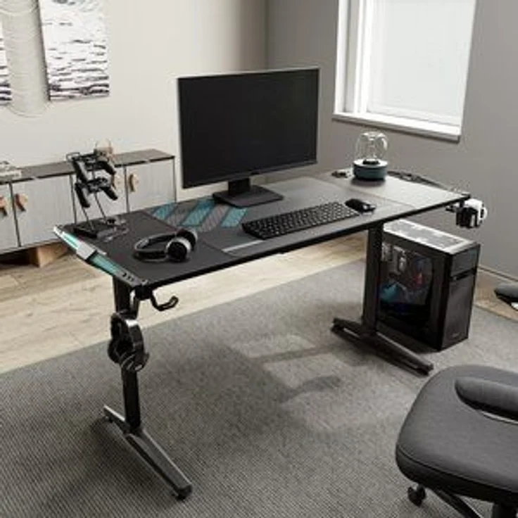 EE EUREKA ERGONOMIC Gamingtisch Computertisch mit LED PC Schreibtisch Ergonomischer Schwarz (1-St, Gaming Tisch mit Kabelmanagement, Getränkehalter und Kopfhörerhalter), Höhenverstellbarer Fuß (10mm) für Home Büro Office Zimmer – Bild 6