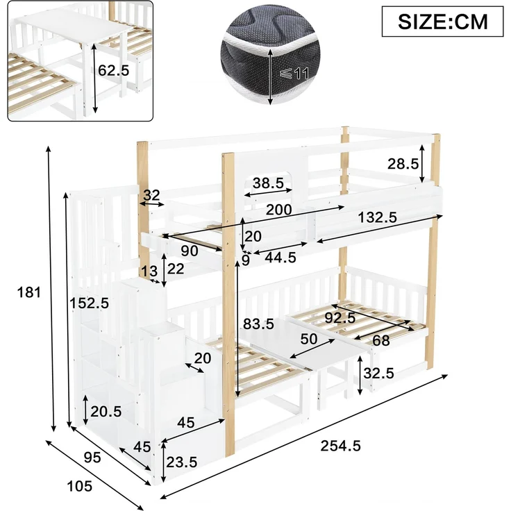 Merax Etagenbett, 90x200cm Kinderbett, Multifunktionaler höhenverstellbarer Tisch, mit einem kleinen Bücherregal am Bettrand, Stabile Aufbewahrungstreppe, Weiß+Natur – Bild 4