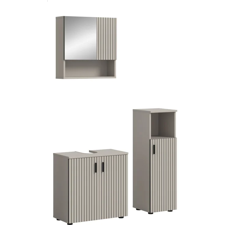 xonox. home – Badkombination Mone 105 x 180 x 30 cm in Kaschmir Nachbildung – 3-teiliges Set inkl. Waschbeckenunterschrank, Spiegelschrank & Badschrank – Stilvolle Einrichtungslösung mit kompakten Maßen – Bild 1