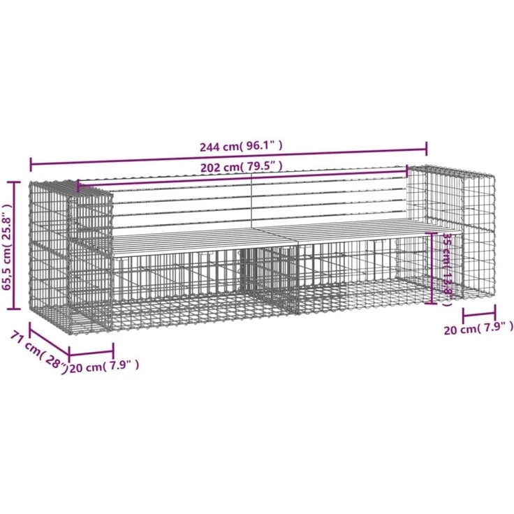 DELUKE® Gartenbank Gabionen INO aus Stahl 244x71x65,5cm Kiefernholz Braun Gabionenbank Gartenbank mit Sitzfläche aus Gabionen Steinkorb Gabionengitter Ziergabione Drahtkorb befüllbar – Bild 2