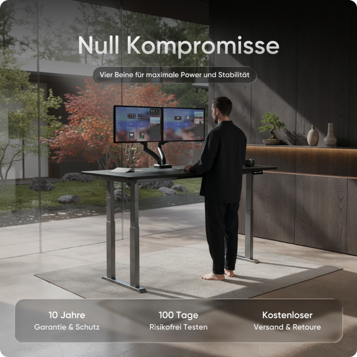 DESKSPACE Höhenverstellbarer Schreibtisch elektrisch mit leisem Dual-Motor – stabiles 4-Bein-Gestell (Grau Gestell, Schwarz Tischplatte, 200×80 cm) – Bild 2