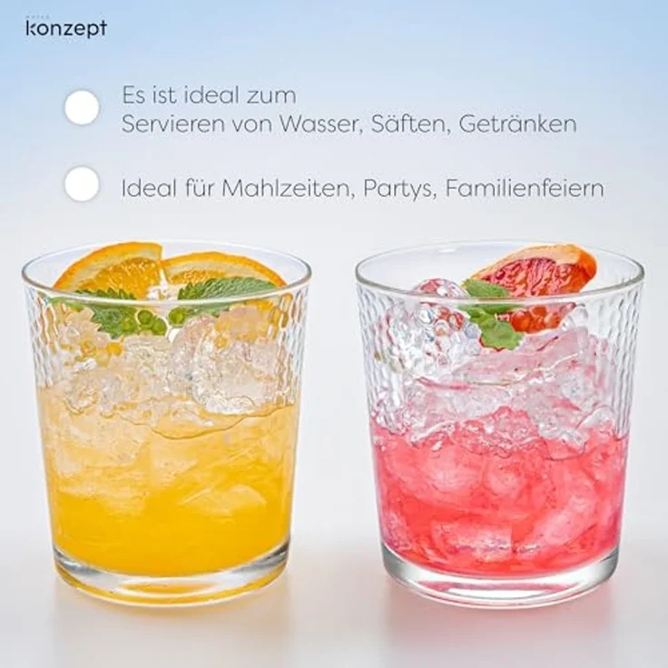 KONZEPT Gläser-Set Transparente Trinkgläser Set 365 ml 6 Stk. Stapelbar, 6-tlg, 6-teilig, Strukturierte Gläser Ideal für Wasser, Saft, Milch – Bild 7