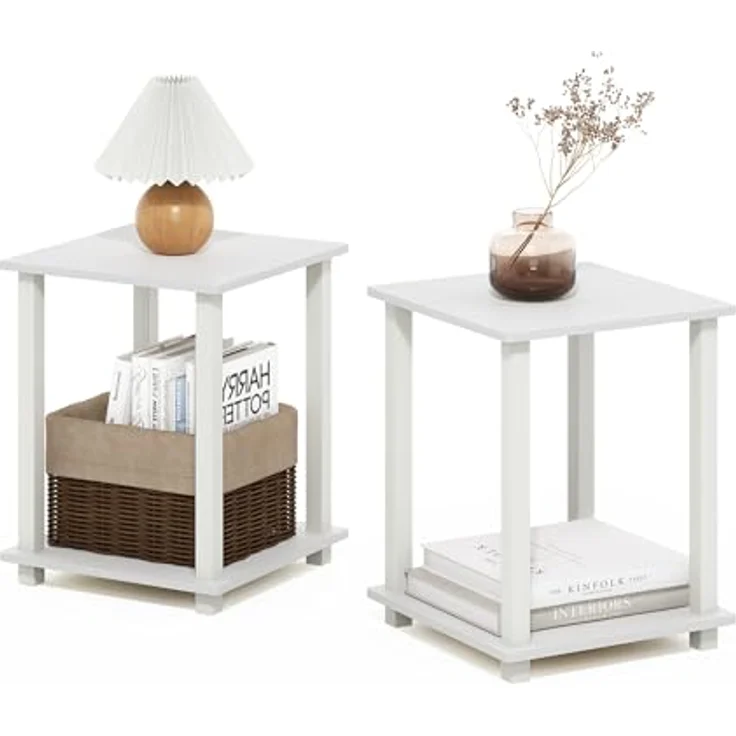 Furinno Simplistic Sofatisch, Couchtisch, Beistelltisch, mit 2 Ebenen, Holzwerkstoff, Weiß/Weiß, 2er-Set – Bild 2
