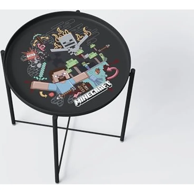 Minecraft Beistelltisch, rund, schwarz, Metall, 47x51x47 cm, mit abnehmbarem Tablett
