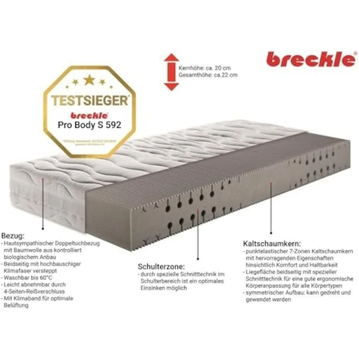 Kaltschaummatratze Pro Body S 592, 7 Zonen Matratze 90x200 cm, 140x200 cm, Breckle, 22 cm hoch, & weitere Größen, Matratze H2/H3/H4, ergonomisch, atmungsaktiv – Bild 3
