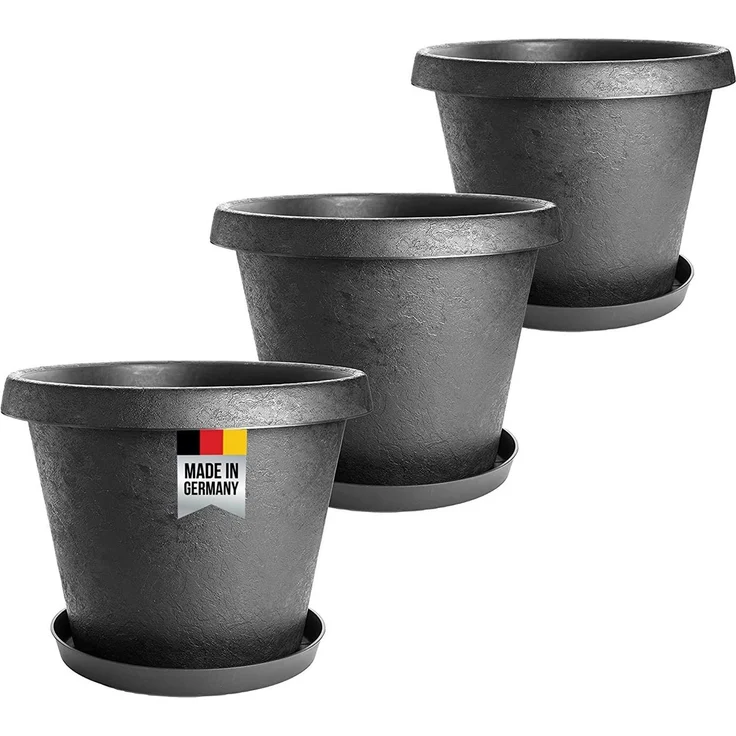 Centi Pflanzkübel Blumentopf Gross 40 cm mit Untersetzer, Pflanzkübel groß außen (Set, 3 St, Ø 40 cm mit Untersetzer, Anthrazit Made in DE), Pflanztopf groß, extra stabil innovatives Stone-Design – Bild 1