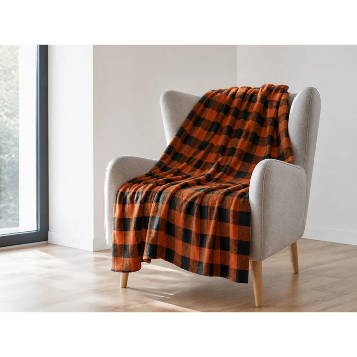 Flanell-Kuscheldecke kariert Orange-Braun-Schwarz 264 x 228 cm – Bild 2