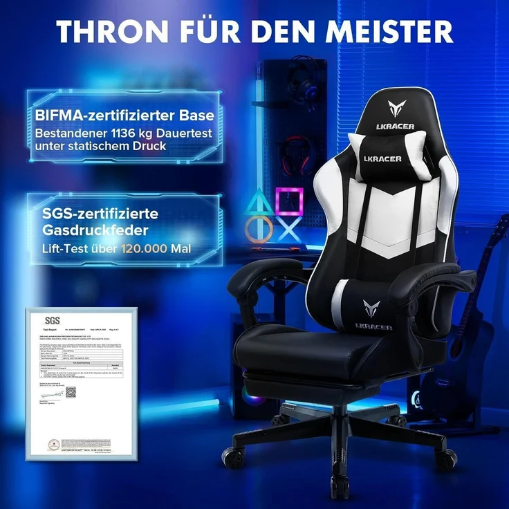 Gaming Stuhl Fußstütze Lendenkissen Kopfkissen 150kg Weiß – Bild 7