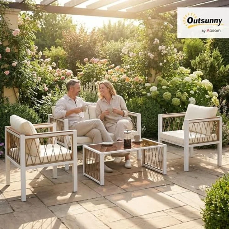 Outsunny Sitzgruppe mit Zweisitzer, 2 Sessel, Glastisch, Kissen, rutschfesten Matte, (Lounge-Set, 4-tlg, Gartenmöbel Set), für Garten Balkon Cremeweiß – Bild 2