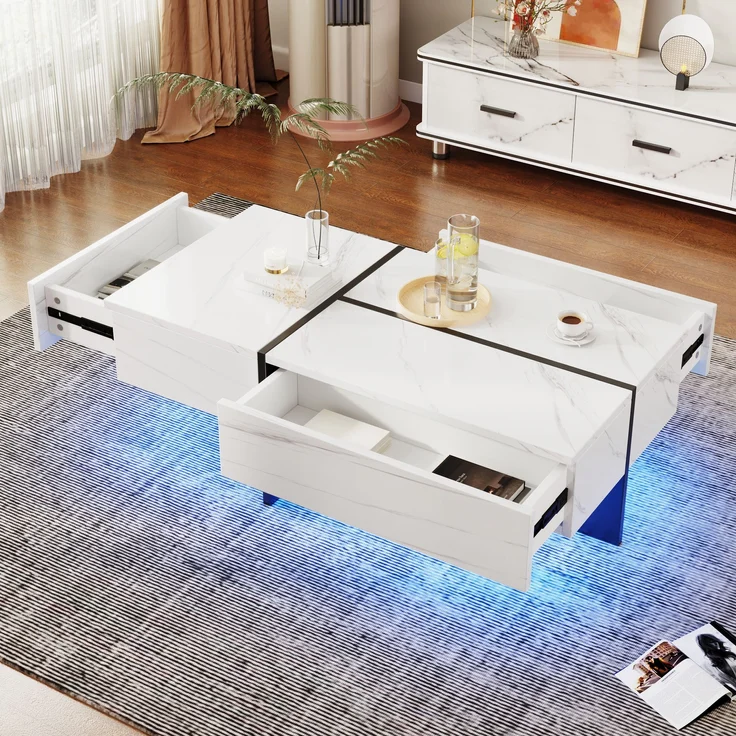 Couchtisch, Spanplatte in Hochglanz marmorähnlicher Optik mit LED-Beleuchtung & 3 Schubladen, 100x50x34,5 cm, Weiß – Bild 3