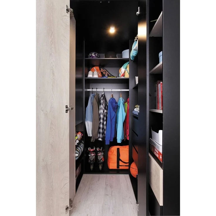 Lomadox Jugendzimmer-Set PITTSBURGH-133, (Sparset, 3-tlg), mit begehbarem Kleiderschrank & Bett 90x200, schwarz/Eiche/beige