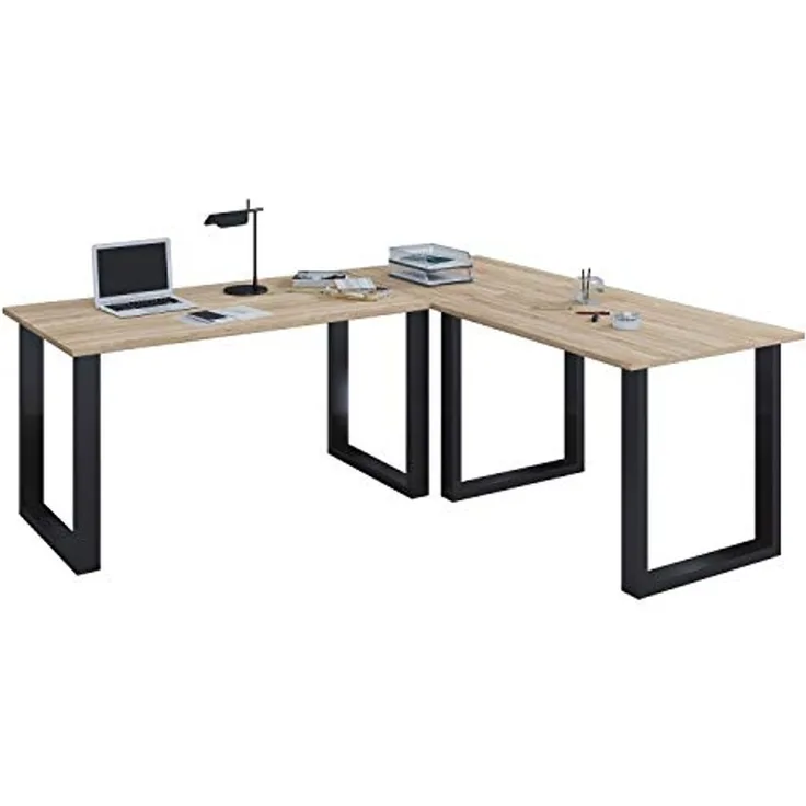 VCM Schreibtisch Lona 916431 Schwarz / Sonoma-Eiche H. 76 x B. 190 x T. 190 cm