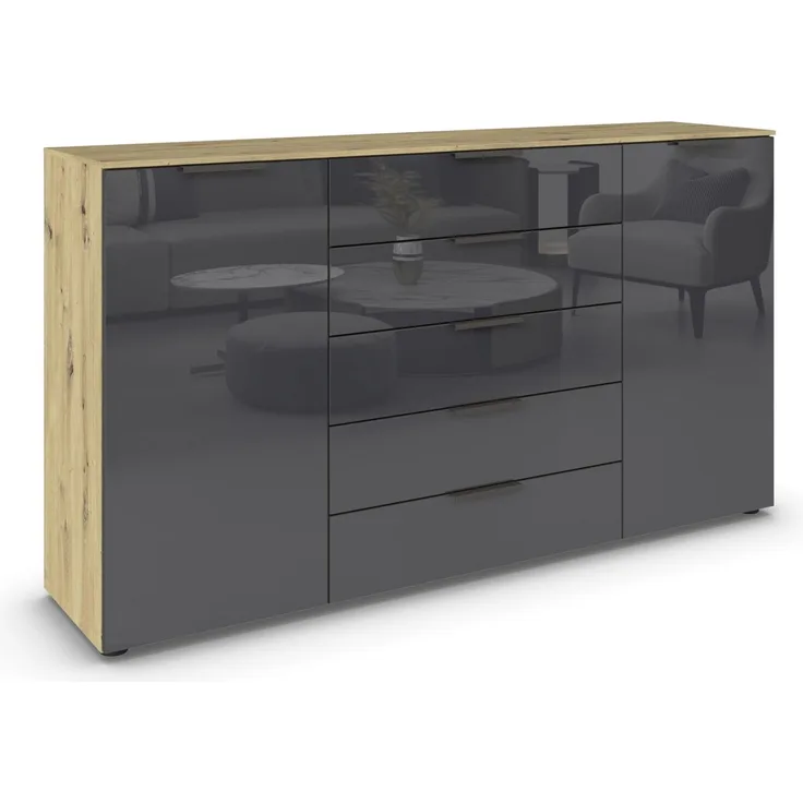 Rauch Möbel Flipp, Kommode für Schlafzimmer, Kinderzimmer, Wohnzimmer, Flur, Garderobe, 2-türig, 5 Schubladen, mit Softclose-Funktion, Farbe Eiche Artisan, Holz/Glas Basalt, Schwarz, Breite 180 cm
