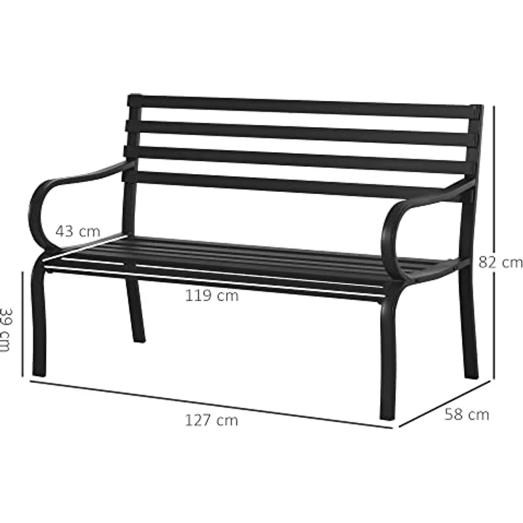 Outsunny Gartenbank Metall, schlichte Lattenoptik, wasserdurchlässig, schwarz, für 2 Personen – Bild 3