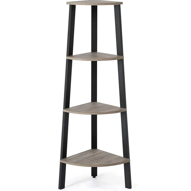 Mondeer Eckregal, Regal Schwarz Metall, Leiterregal mit 4 Etagen Bücherregal, Vintage Standregal, Klein Holz Eckschrank, ür Zuhause Wohnzimmer Schlafzimmer Balkon Lernzimmer Büro, Grau