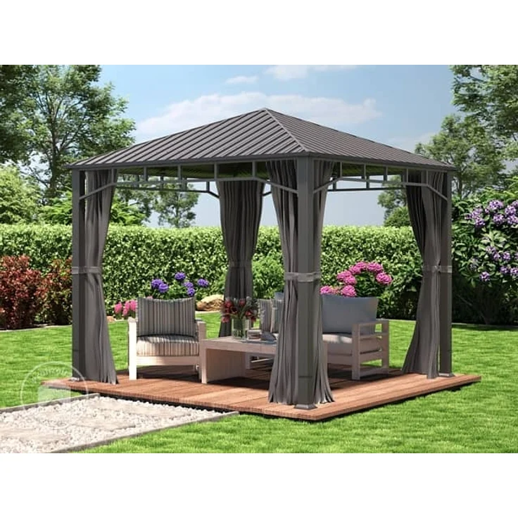 Gartenpavillon 3x3 m Stahldach Hardtop 4 Seitenteile in Grau, Pfosten 9x9 cm – Bild 1