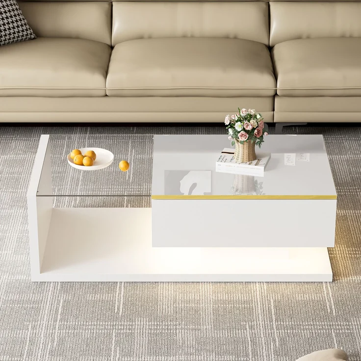 Couchtisch 100x50 cm Hochglanz Weiß LED Beleuchtung App Steuerung 16 Farben Glasplatte Wohnzimmer – Bild 8