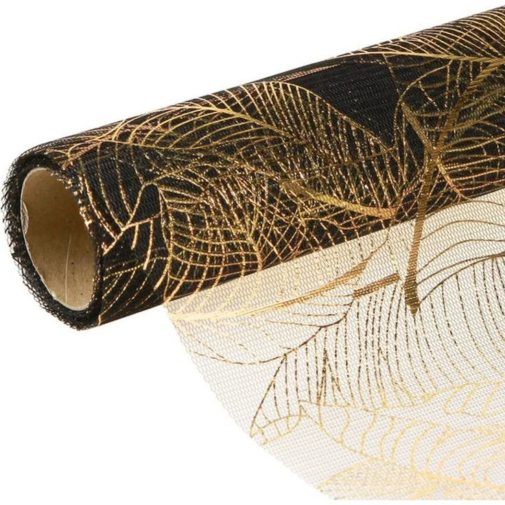 Viana Tischläufer Schwarz-Gold Organza Tischläufer mit Blättermuster 48x450cm – Bild 3