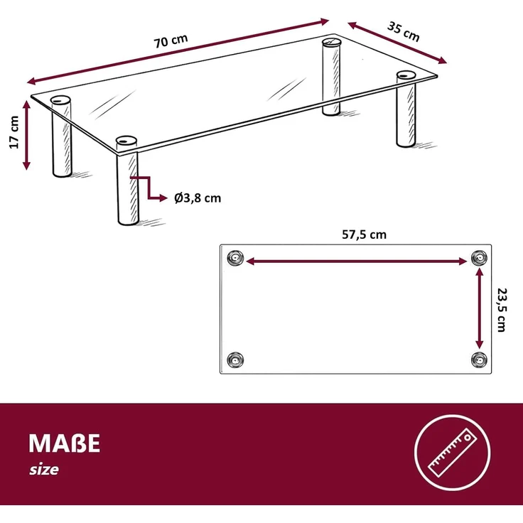HOOZ TV-Aufsatz Klarglas mit Aluminiumfüßen - Ablage und Platzerweiterung 80x35cm, (modern, mit Aufbauanleitung), aus Sicherheitsglas – Bild 2