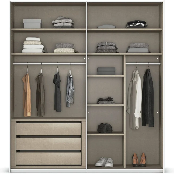 rauch Montclar Kleiderschrank 4-türig, mit 7 Einlegeböden, 2 Kleiderstangen, 1 Schubkasteneinsatz, 1 Inneneinteilung, 1 Innenspiegel, Farbe Weiß, BxHxT 201x223x60 cm – Bild 5