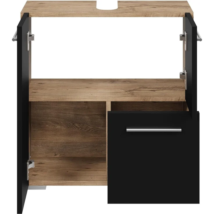 Badplaats Waschbeckenunterschrank Mars 60 x 30 cm Kastanien Eiche mit Schwarz Matt - Stehender Badezimmerschrank mit 2 Türen und 1 Schublade – Bild 3