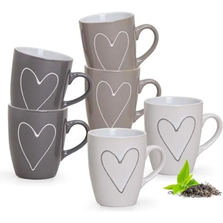 matches21 HOME & HOBBY Tasse Schöne Kaffeetassen 6er Set einfarbig mit Herzen Landhaus-Stil, Keramik, Tee Kaffee-Becher, modern, grau beige weiss, 250 ml