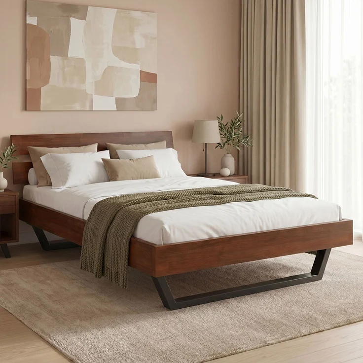 skølm 'Alver' Bett 140x200 cm, Bettgestell, natur geölt, Massivholzbett aus Eiche mit Metallkufen, Walnuss Optik, Bettkopf 2 Streben – Bild 1