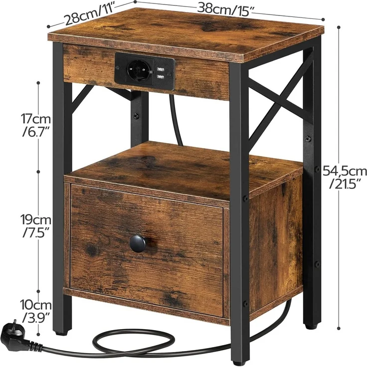 Hoobro Nachttisch mit Ladestation (40×30×60 cm, klappbare Schublade, verstecktes Kabelmanagement), USB-A/USB-C & Steckdose, Nachtschrank im Industrial-Design – Bild 2