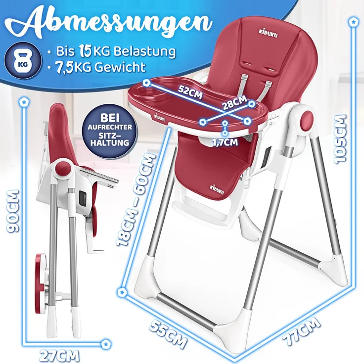 KIDUKU® Hochstuhl Baby 3in1 mit Neugeborenenaufsatz + Lätzchen, Spielbogen & Tisch | Kinderhochstuhl klappbar mit Liegefunktion | Kombihochstuhl höhenverstellbar | Babystuhl mitwachsend 0-36 Monate – Bild 8