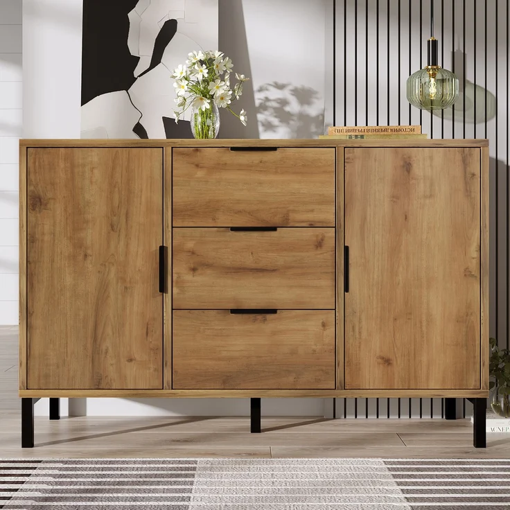Türkommode mit 3 Schubladen in dunkler Eiche, Sideboard Industrial Design, Aufbewahrungsschrank mit höhenverstellbarem Fachboden – Bild 2