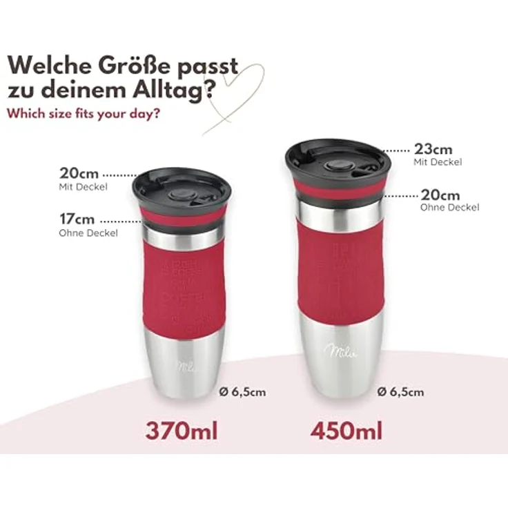 Milu Thermobecher Isolierbecher Kaffeebecher to go - 370ml - 100% Auslaufsicher - Trinkbecher aus Edelstahl - Autobecher doppelwand Isolierung - Thermo Becher - Travel Mug - (Rot, 370ml) – Bild 5