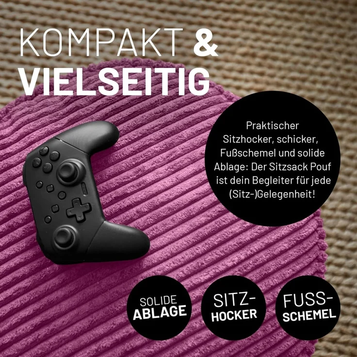 Lumaland Pouf Sitzsack-Hocker Pouf rund Cord 50l weinrot, supersofte Füllung EPS-Perlen – Bild 6