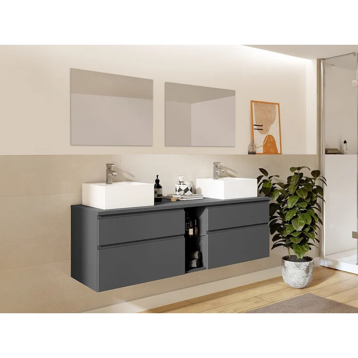 Vente-unique - Waschbeckenunterschrank hängend mit Doppelwaschbecken und Spiegeln - Grau - 150 cm - MAGDALENA II – Bild 3