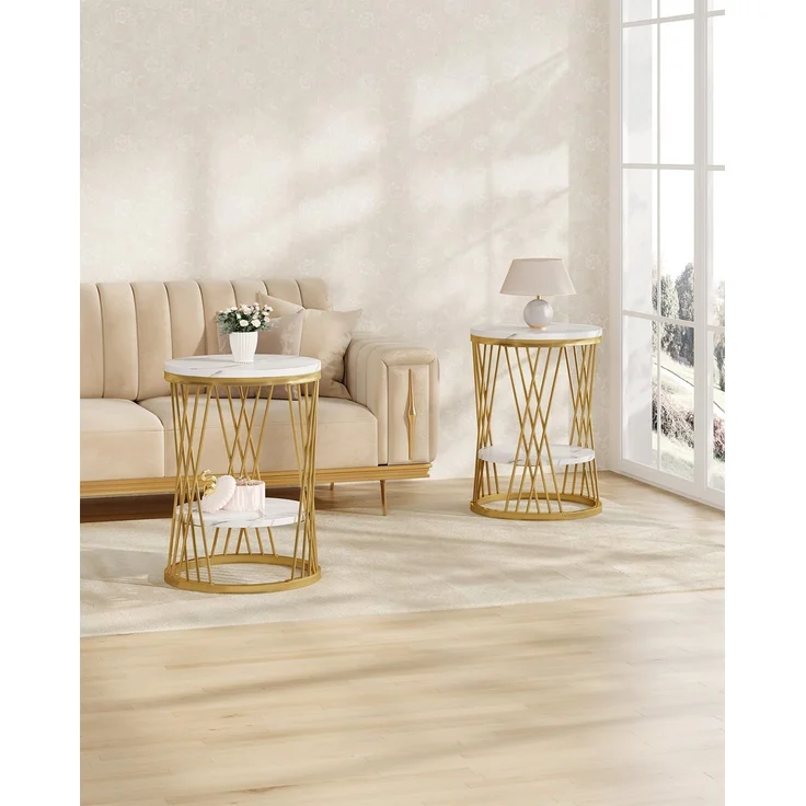 LITTLE TREE Runder Beistelltisch in Weißgold, 2-stöckig, moderner Beistelltisch in Marmoroptik mit Stauraum, Nachttisch mit Metallgestell für Wohnzimmer und Schlafzimmer – Bild 5
