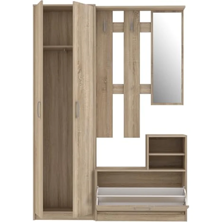 Forte NIKO Garderobenschrank 130 140, Skandi-Mehrzweckschrank, 2-türig, 1 Schublade, Spiegel, Haken, Flur, Sonoma Eiche Holzdekor, 135 cm breit x 190,8 cm hoch x 28 cm tief – Bild 6