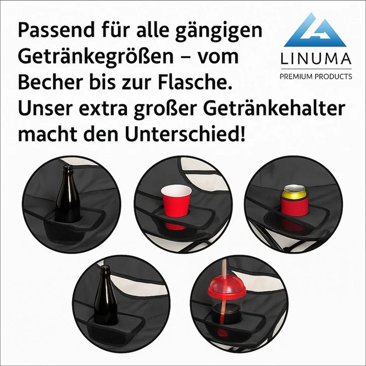 LINUMA Campingstuhl faltbar mit extra großem Getränkehalter, stabiler Klappstuhl schwarz (2 St), Faltbarer Campingstuhl mit XL-Getränkehalter für Festival & Outdoor – Bild 3