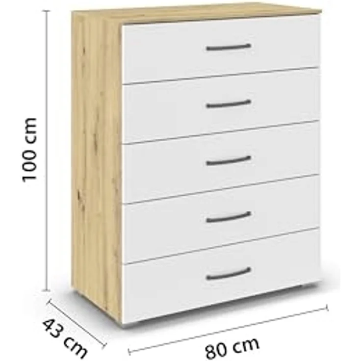 rauch Aditio Box, Kommode, 5 Schubladen, mit Softclose-Funktion, Farbe Weiß/Eiche Artisan, BxHxT 80x100x43cm – Bild 3