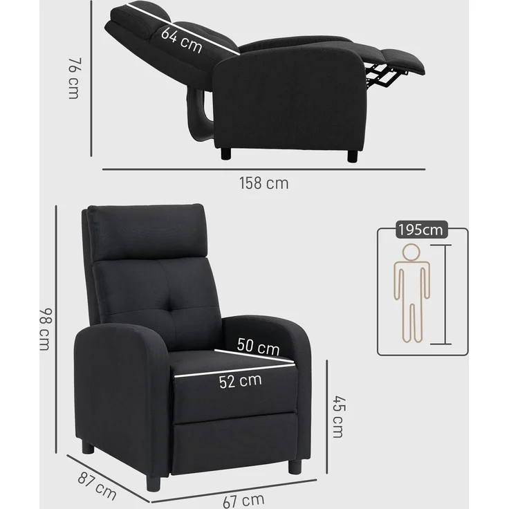 Wohnora-Relaxsessel mit Liegefunktion, ausfahrbares Fußteil, Taschenfederkern, bis 150 kg, Schwarz,H 980cm x T 870cm x B 670cm – Bild 4