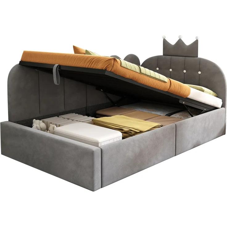 Merax Einzelbett 90x190 cm, Kinderbett, Polsterbett, Daybett, Tagesbett-Schlafsofa mit Stauraum (hydraulisch), Gästebett L-Form Samt, Grau – Bild 10