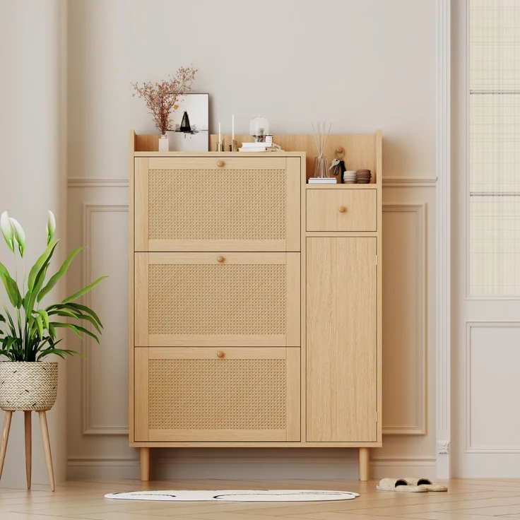 Merax Schmal Schuhschrank mit 3 Klappen, Rattan Schuhschrank Schuhkipper mit Schublade und Tür, Schuhkommode mit Verstellbarer Ablage, Naturbelassen – Bild 3