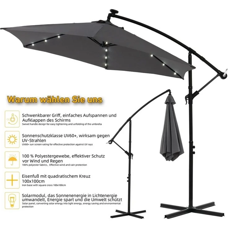 Feel2Home Sonnenschirm Sonnenschirm Kurbelschirm Ø350 Ampelschirm LED Balkon grau u. beige, LxB: 350,00x300 cm, Kein Set, Premium-Sonnenschirm, LED-Beleuchtung – Bild 3