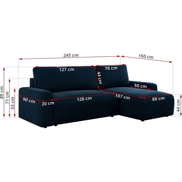 Ecksofa L-form, mit Schlaffunktion und Bettkasten - ARGOS, Dunkelblau, Velours – Bild 6